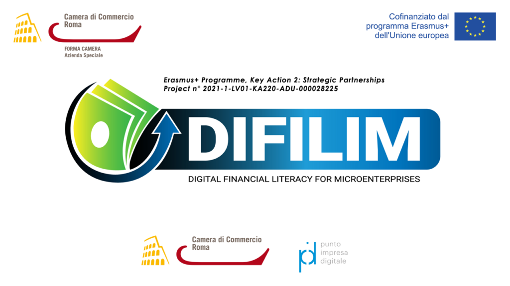 logo progetto DIFILIM Erasmus plus, logo forma camera, logo camera di commercio di roma, logo punto impresa digitale