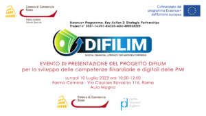 logo progetto difilim, evento di presentazione del 10 luglio 2023, logo forma camera, logo erasmusplus, logo camera di commercio di roma, logo punto impresa digitale